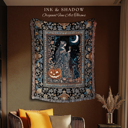Moonlit Jack-o-lantern Witch Throw Blanket | Enchanted Forest Baroque Maiden Pastel Folklore Black Cat Celestial Aesthetic Wall Tapestry |