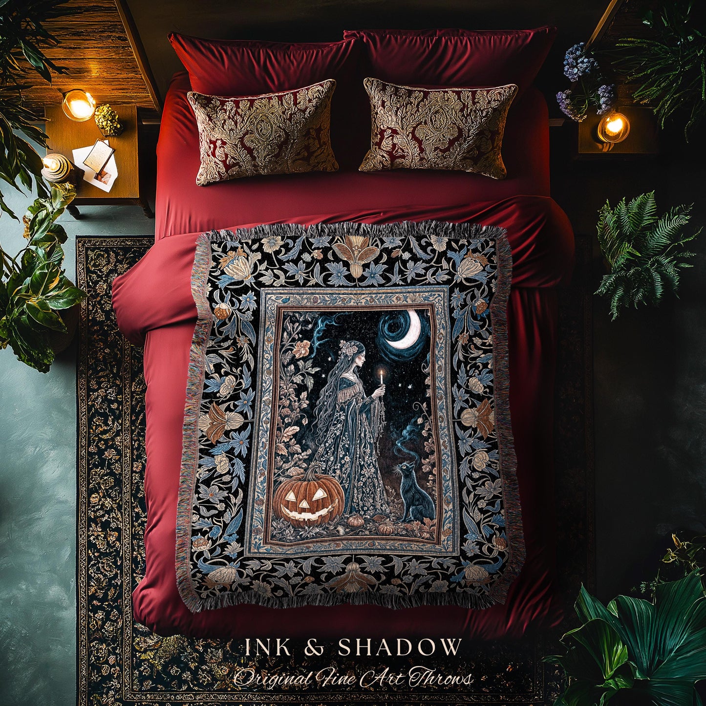Moonlit Jack-o-lantern Witch Throw Blanket | Enchanted Forest Baroque Maiden Pastel Folklore Black Cat Celestial Aesthetic Wall Tapestry |