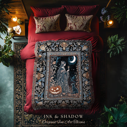 Moonlit Jack-o-lantern Witch Throw Blanket | Enchanted Forest Baroque Maiden Pastel Folklore Black Cat Celestial Aesthetic Wall Tapestry |