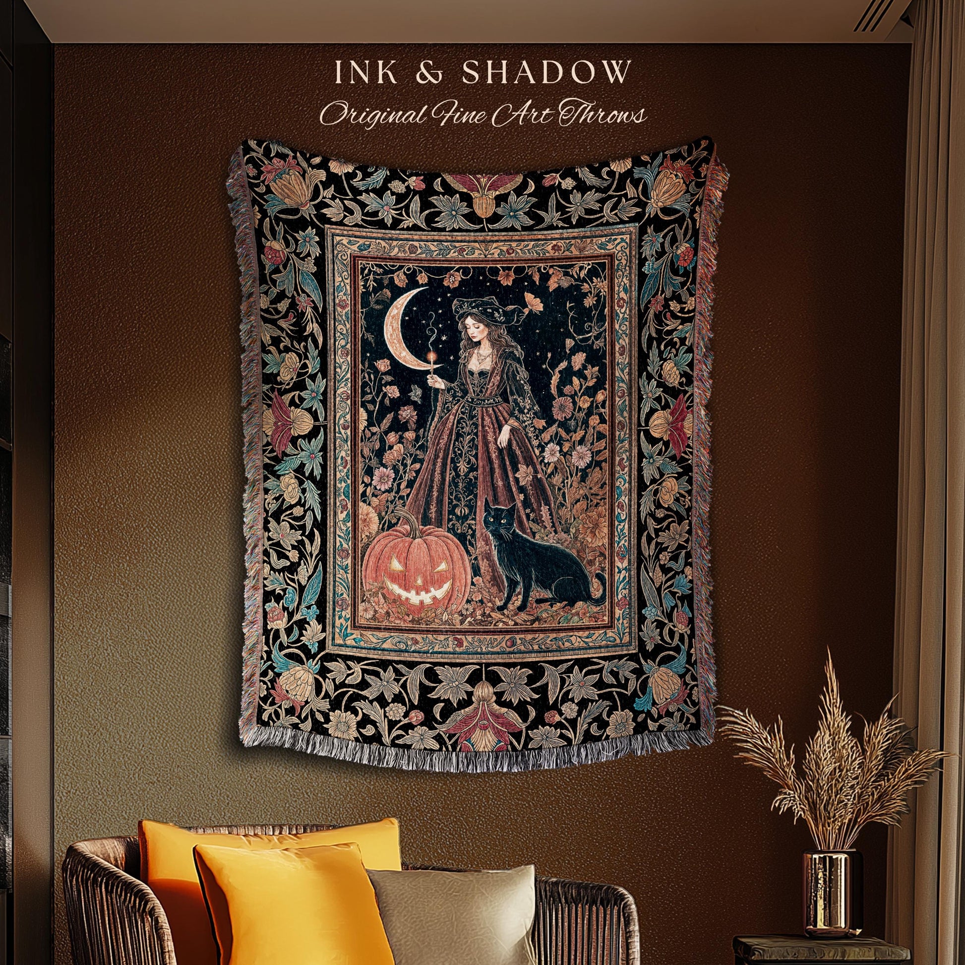 Black Cat Witch Spooky Season Blanket | Celestial Sorceress Ethereal Halloween Woven Wall Tapestry Jack-o-lantern Wiccan Enchantment Gothic