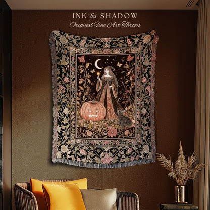 Midnight Sorcery Pumpkin Witch Blanket | Medieval Aesthetic Bohemian Halloween Woven Throw Gothic Wall Tapestry Folklore Black Cat Decor |