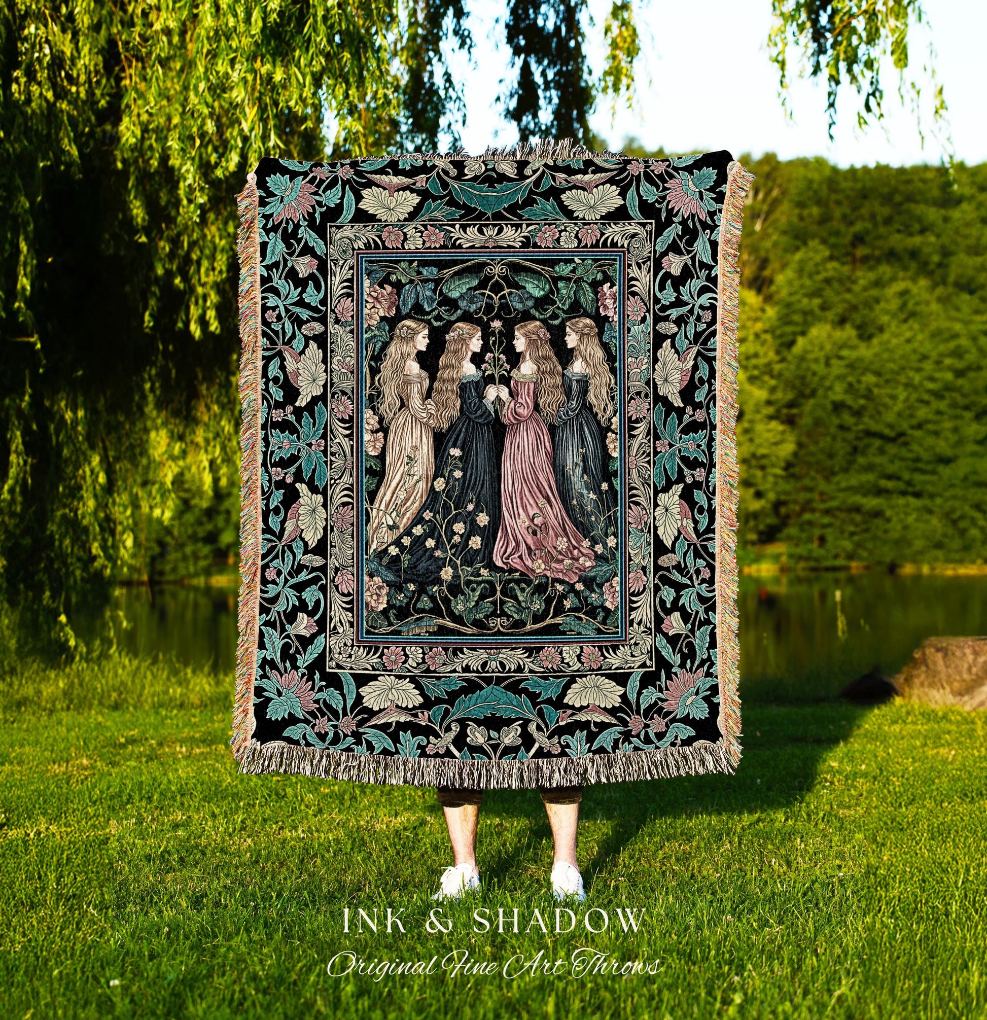 Wiccan Botanical Style Throw Blanket | Medieval Celestial Dark Cottagecore Folklore Sisterhood Magic Woven Tapestry Enchanted Boho Aesthetic