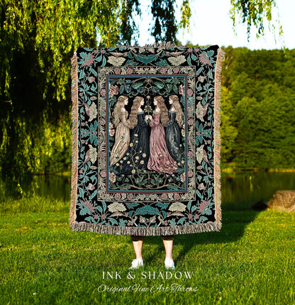 Wiccan Botanical Style Throw Blanket | Medieval Celestial Dark Cottagecore Folklore Sisterhood Magic Woven Tapestry Enchanted Boho Aesthetic