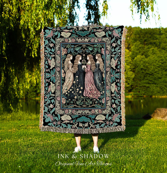 Wiccan Botanical Style Throw Blanket | Medieval Celestial Dark Cottagecore Folklore Sisterhood Magic Woven Tapestry Enchanted Boho Aesthetic