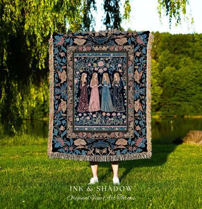 Bohemian Botanical Witch Tapestry Blanket | Enchanted Folklore Fairytale Witchcore Floral Medieval Dark Academia Ethereal Goddess Style |