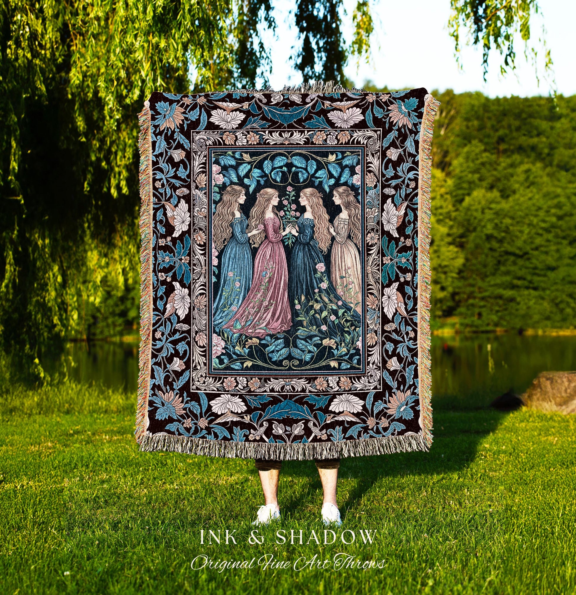 Sorceress Sisters Magic Woven Throw Blanket | Lunar Garden Witch Wall Tapestry Fairytale Storybook Tapestry Renaissance Woodland Sorcery |