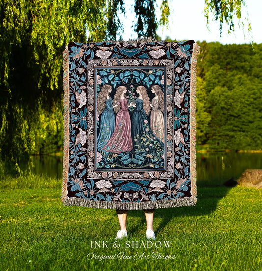Sorceress Sisters Magic Woven Throw Blanket | Lunar Garden Witch Wall Tapestry Fairytale Storybook Tapestry Renaissance Woodland Sorcery |
