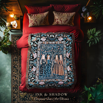 Enchanted Sisterhood Folklore Throw Blanket | Moody Bedroom Dark Enchantment Woven Wall Tapestry Mythical Aesthetic Folk Art Dreamy Decor