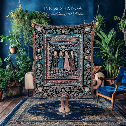 Victorian Gothic Maiden Witches Woven Blanket | Arcane Witchcraft Celestial Baroque Ethereal Folklore Wall Tapestry Romantic Floral Style |