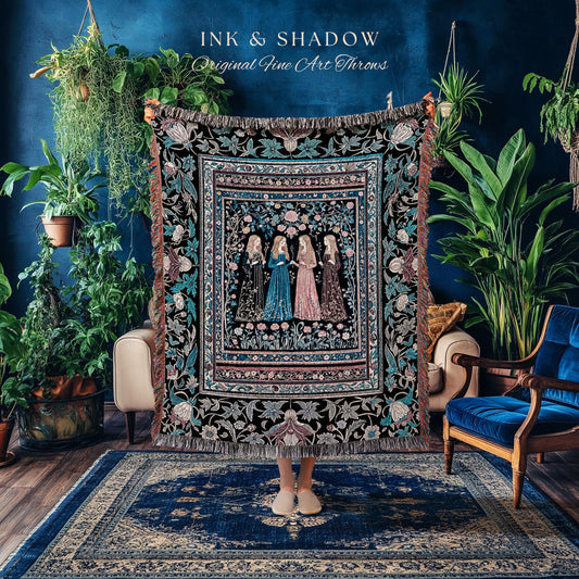 Victorian Gothic Maiden Witches Woven Blanket | Arcane Witchcraft Celestial Baroque Ethereal Folklore Wall Tapestry Romantic Floral Style |
