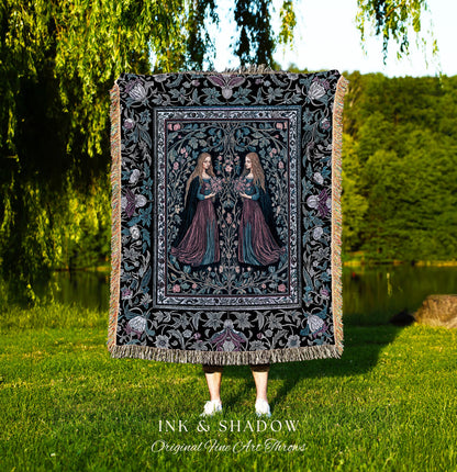 Witchy Sisters Arcane Forest Blanket | Celestial Witchcraft Baroque Folklore Woven Wall Tapestry Fairytale Gothic Storybook Aesthetic Throw