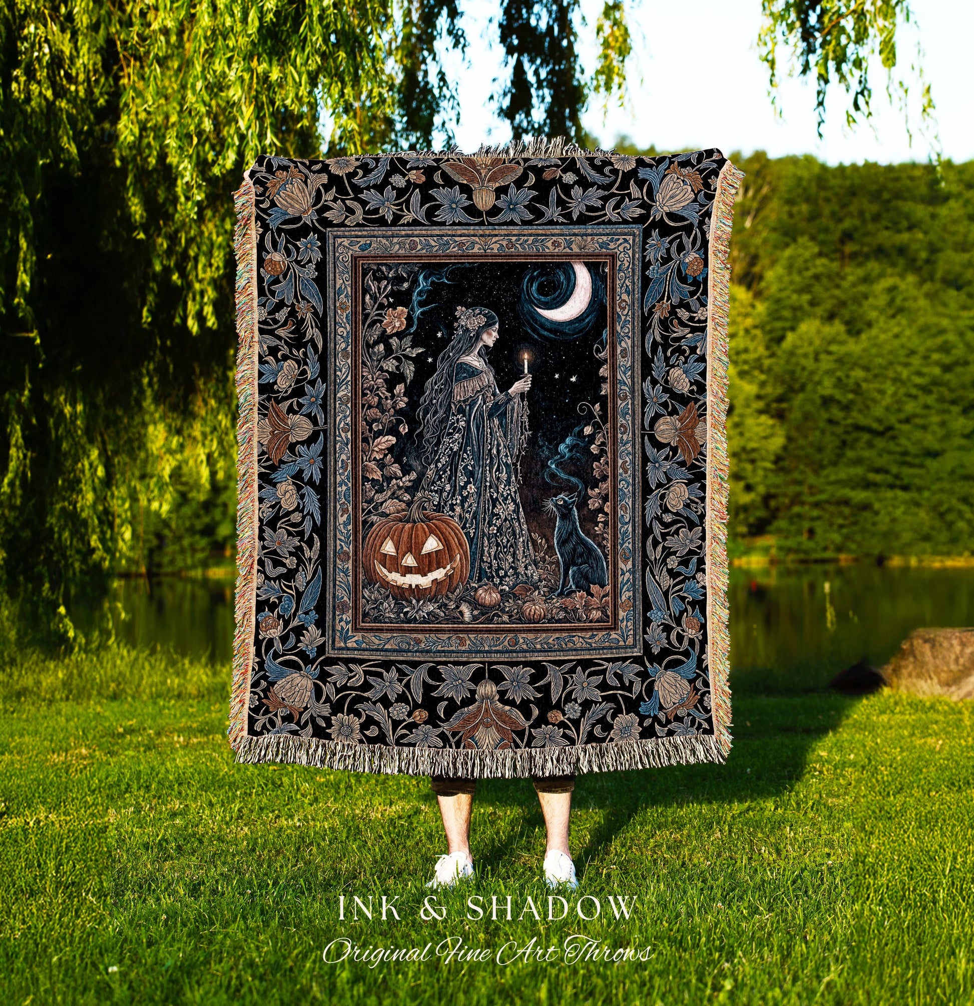 Moonlit Jack-o-lantern Witch Throw Blanket | Enchanted Forest Baroque Maiden Pastel Folklore Black Cat Celestial Aesthetic Wall Tapestry |