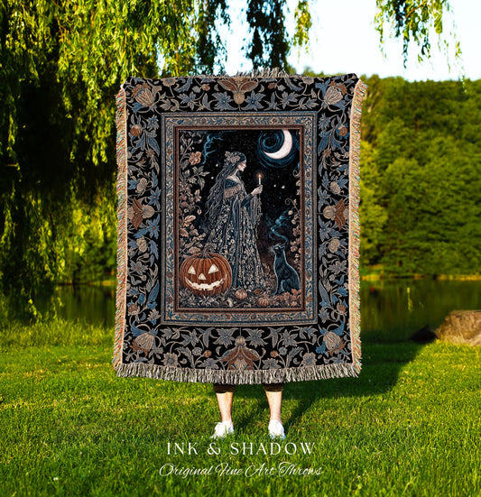 Moonlit Jack-o-lantern Witch Throw Blanket | Enchanted Forest Baroque Maiden Pastel Folklore Black Cat Celestial Aesthetic Wall Tapestry |