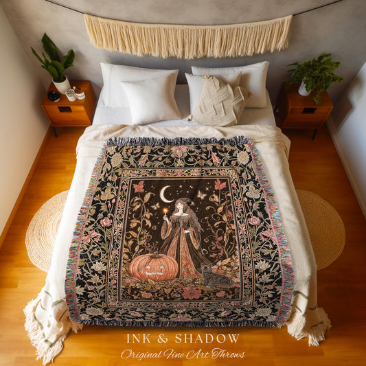 Midnight Sorcery Pumpkin Witch Blanket | Medieval Aesthetic Bohemian Halloween Woven Throw Gothic Wall Tapestry Folklore Black Cat Decor |