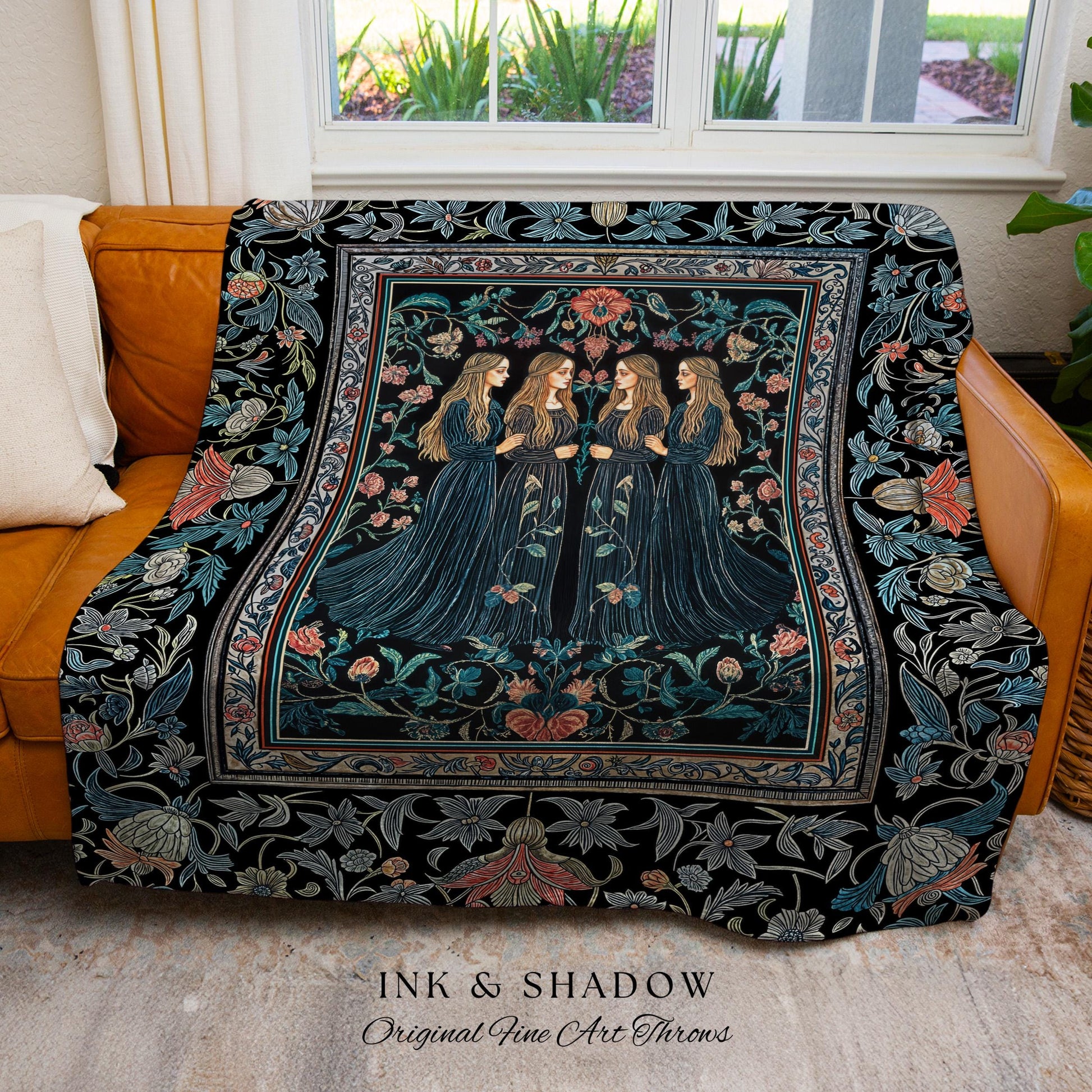Elegant Medieval Storybook Tapestry | Ornate Botanical Enchantment Dark Gothic Romance Folk Art Renaissance Magic Woven Throw Blanket Witchy
