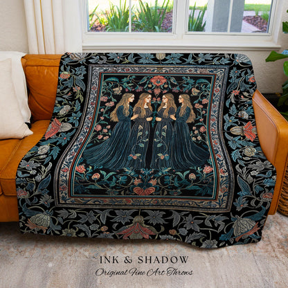 Elegant Medieval Storybook Tapestry | Ornate Botanical Enchantment Dark Gothic Romance Folk Art Renaissance Magic Woven Throw Blanket Witchy