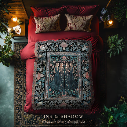 Elegant Medieval Storybook Tapestry | Ornate Botanical Enchantment Dark Gothic Romance Folk Art Renaissance Magic Woven Throw Blanket Witchy