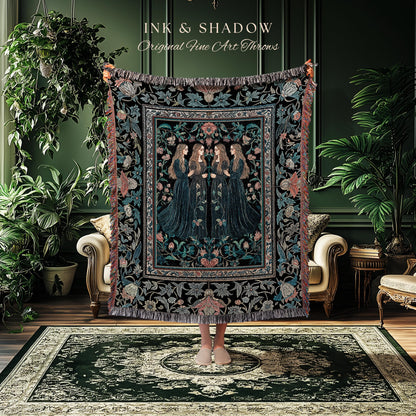 Elegant Medieval Storybook Tapestry | Ornate Botanical Enchantment Dark Gothic Romance Folk Art Renaissance Magic Woven Throw Blanket Witchy