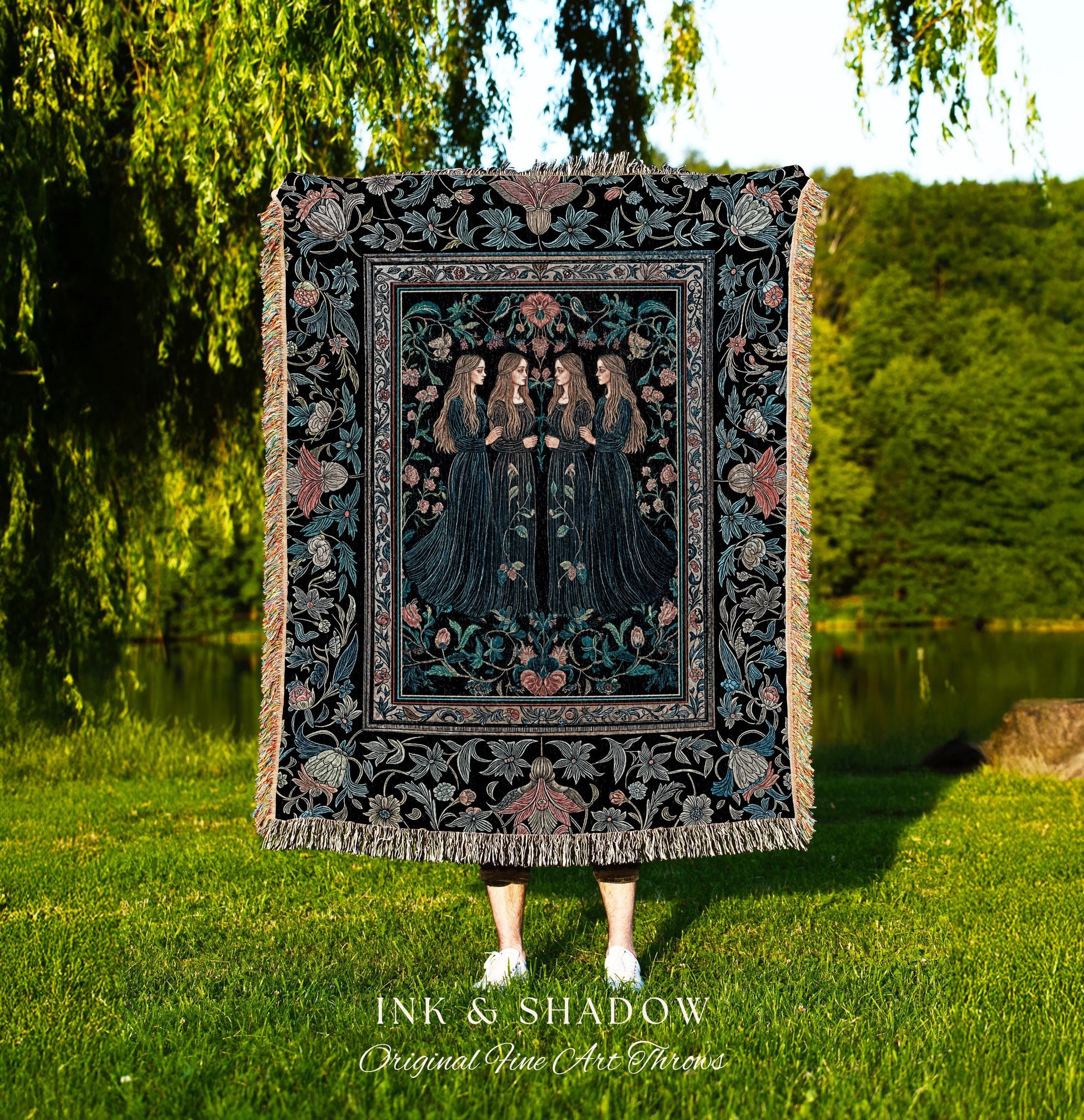Elegant Medieval Storybook Tapestry | Ornate Botanical Enchantment Dark Gothic Romance Folk Art Renaissance Magic Woven Throw Blanket Witchy