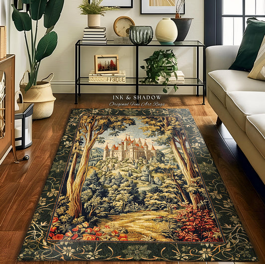 May include: A tapestry rug depicting a medieval castle nestled in a lush green forest. The rug features rich, deep greens, browns, and reds, with intricate details in the castle architecture and foliage. The text &#39;INK & SHADOW Original Fine Art Rugs&#39; is subtly displayed.  The rug&#39;s design evokes a classic, fairytale theme, suitable for living rooms or bedrooms.