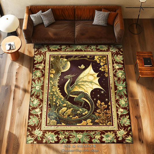 May include: A dark brown, burgundy, and green rug with a dragon design. The dragon is green and has a yellow and white wingspan. The rug has a border of green leaves and flowers. The rug has the text &#39;INK & SHADOW Original Fine Art Rugs&#39; at the bottom.
