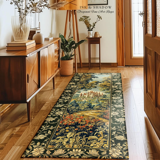 May include: A green and gold tapestry rug with a floral border and a scene of a castle in a forest. The rug is laid out in a hallway with a wooden floor and a wooden cabinet to the left. The text &#39;INK & SHADOW Original Fine Art Rugs&#39; is visible in the top center of the image.