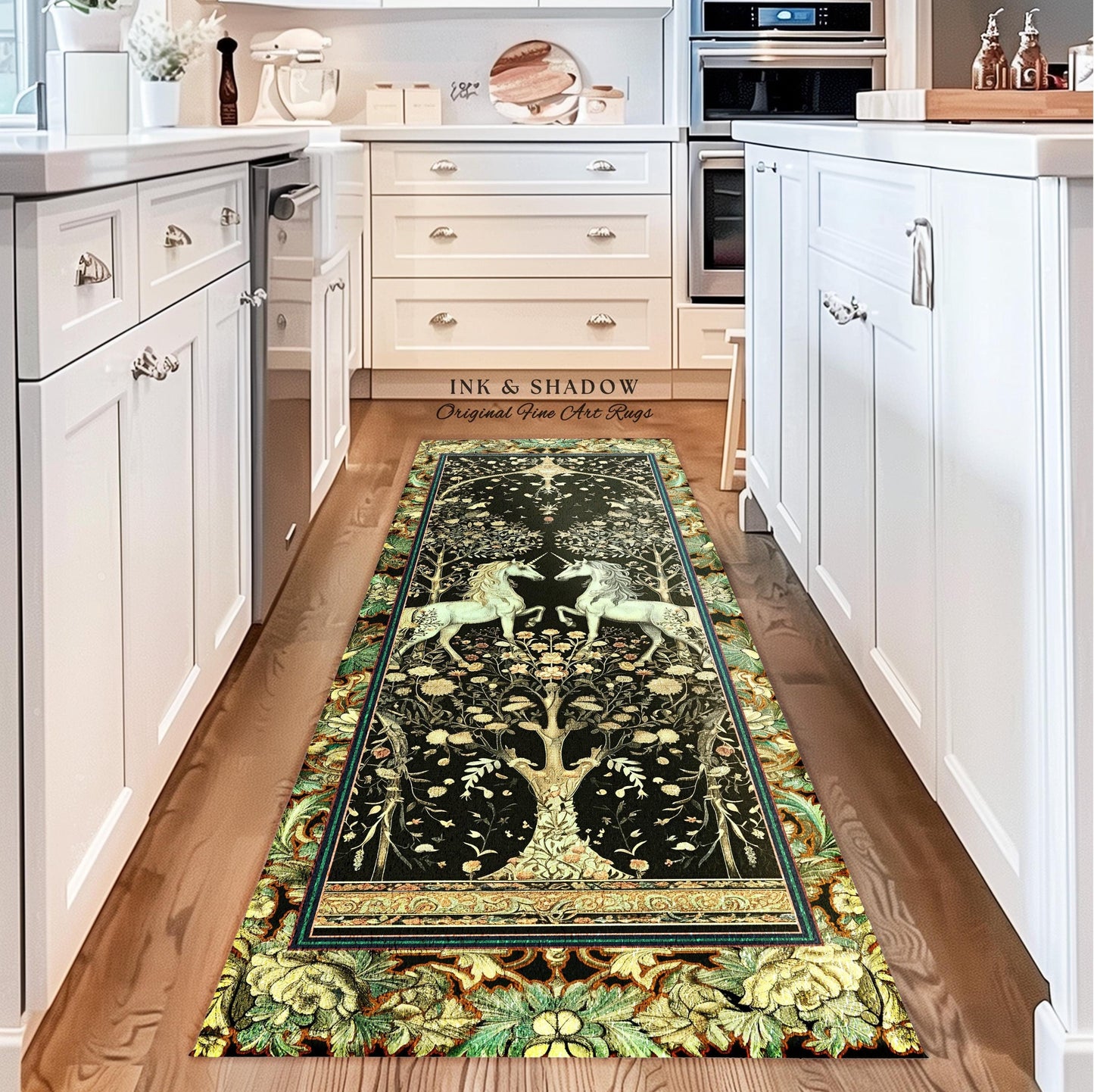 May include: A dark green and gold runner rug featuring a tapestry-style design of two unicorns flanking a tree of life. The rug has a detailed border with floral and leaf motifs.  The text &#39;INK & SHADOW Original Fine Art Rugs&#39; is visible on the rug. The rug is displayed in a kitchen setting on a hardwood floor.