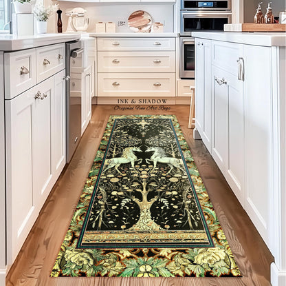 May include: A dark green and gold runner rug featuring a tapestry-style design of two unicorns flanking a tree of life. The rug has a detailed border with floral and leaf motifs.  The text &#39;INK & SHADOW Original Fine Art Rugs&#39; is visible on the rug. The rug is displayed in a kitchen setting on a hardwood floor.