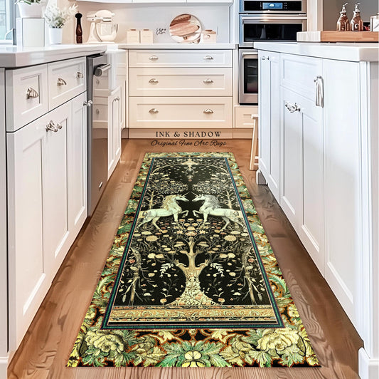 May include: A dark green and gold runner rug featuring a tapestry-style design of two unicorns flanking a tree of life. The rug has a detailed border with floral and leaf motifs.  The text &#39;INK & SHADOW Original Fine Art Rugs&#39; is visible on the rug. The rug is displayed in a kitchen setting on a hardwood floor.