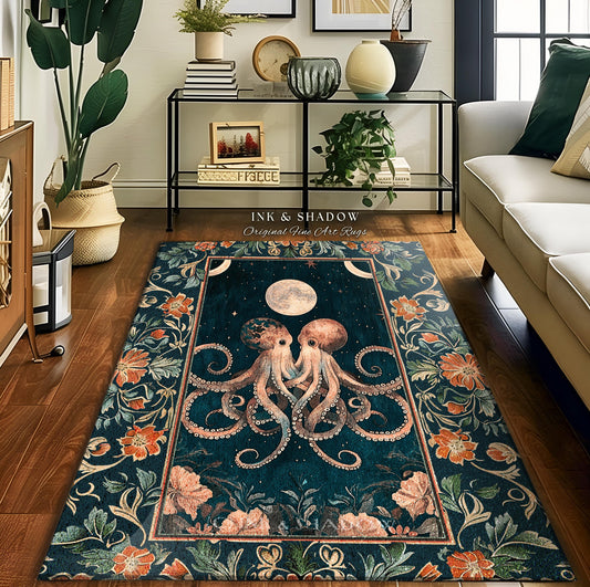 May include: A teal blue rug with an intricate floral border. The center of the rug features a pair of stylized octopuses with a full moon in the background. The rug has the text &#39;Ink & Shadow Original Fine Art Rugs&#39; at the top.