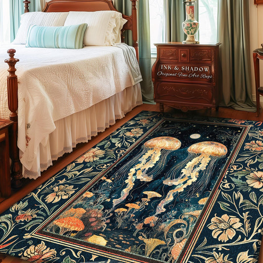 Ocean Gothic Jellyfish Cozy Area Rug | Celestial Costal Cottagecore Enchanted Whimsigothic Dark Floral Woven Tapestry Nautical Accent Rug |