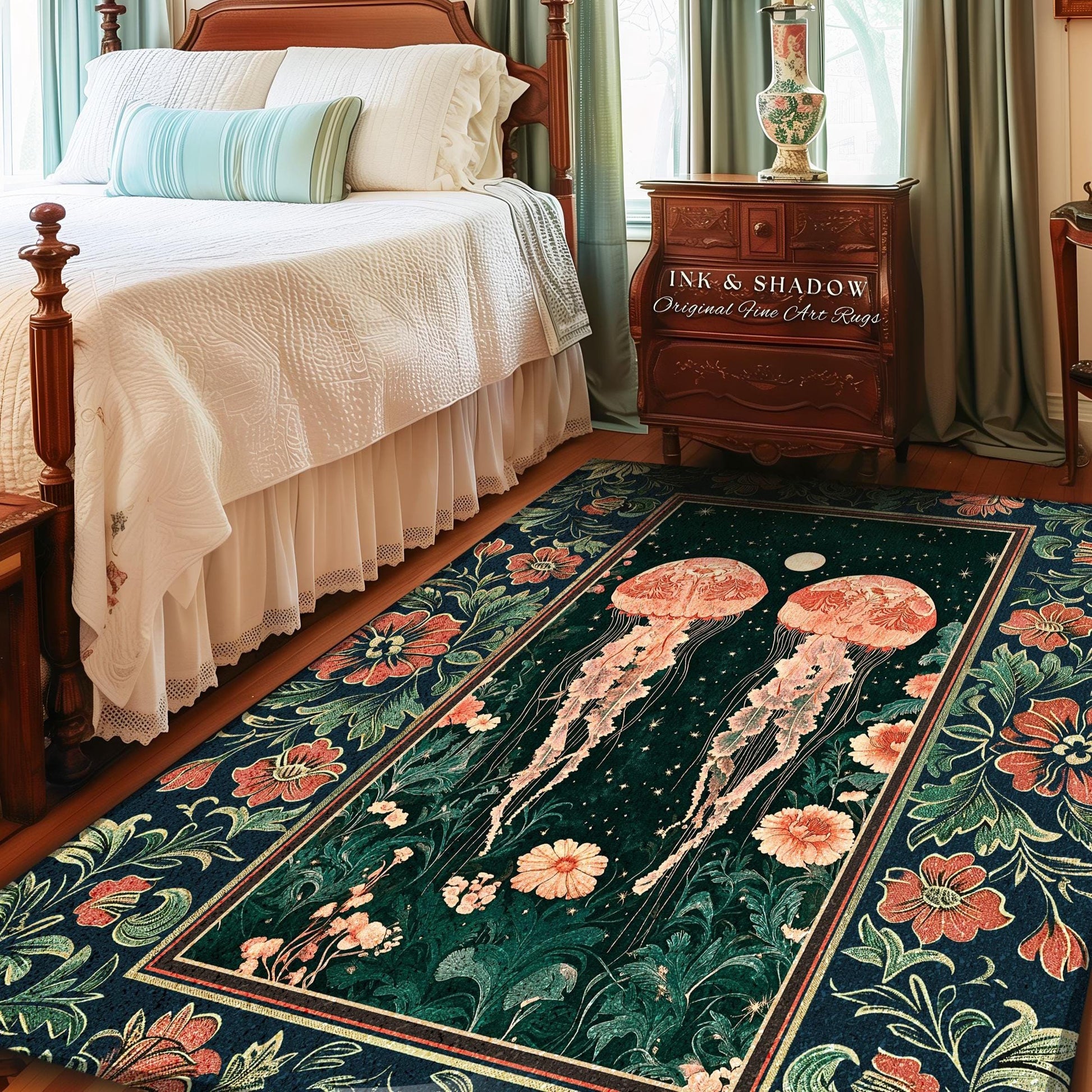 Victorian Botanical Jellyfish Rug | Dark Academia Celestial Cottagecore Enchanted Whimsigothic Vintage Floral Area Rug Nautical Accent |