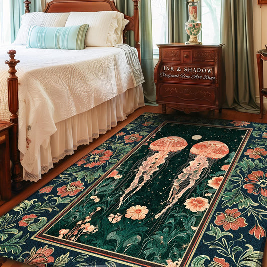 Victorian Botanical Jellyfish Rug | Dark Academia Celestial Cottagecore Enchanted Whimsigothic Vintage Floral Area Rug Nautical Accent |