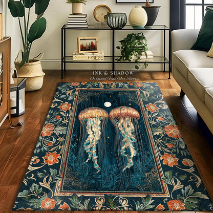 Deep Sea Wonders Jellyfish Rug | Floral Botanical Ocean Lover Rug Deep Blue Ethereal Coastal Decor Enchanted Nursery Theme Magical Creatures