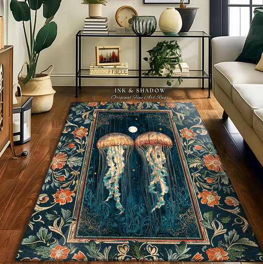 Deep Sea Wonders Jellyfish Rug | Floral Botanical Ocean Lover Rug Deep Blue Ethereal Coastal Decor Enchanted Nursery Theme Magical Creatures