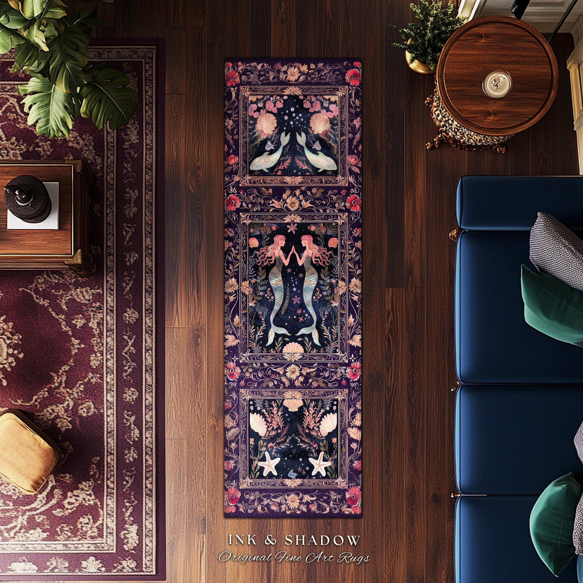 Retro Art Deco Mermaid Art Runner Rug Whimsical Coastal Cottagecore Vintage Floral Purple Decor, Enchanted Underwater Fantasy Sea Scene Rug