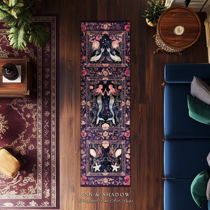 Retro Art Deco Mermaid Art Runner Rug Whimsical Coastal Cottagecore Vintage Floral Purple Decor, Enchanted Underwater Fantasy Sea Scene Rug