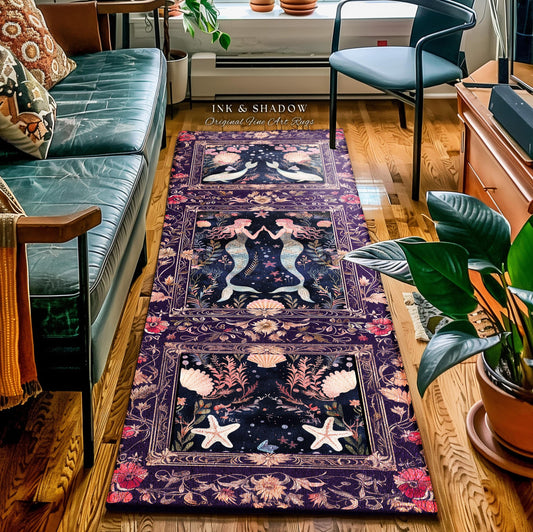 Retro Art Deco Mermaid Art Runner Rug Whimsical Coastal Cottagecore Vintage Floral Purple Decor, Enchanted Underwater Fantasy Sea Scene Rug