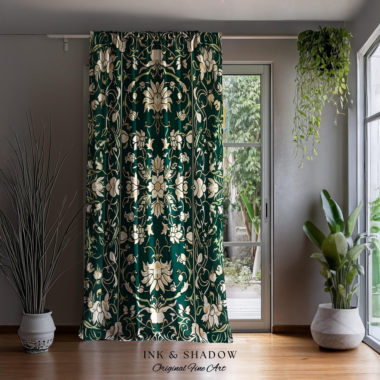 Renaissance Revival Forest Green Curtains | Gothic Art Nouveau Aesthetic Living Room Decor Cottagecore Ornate Maximalist Bedroom Drapes |