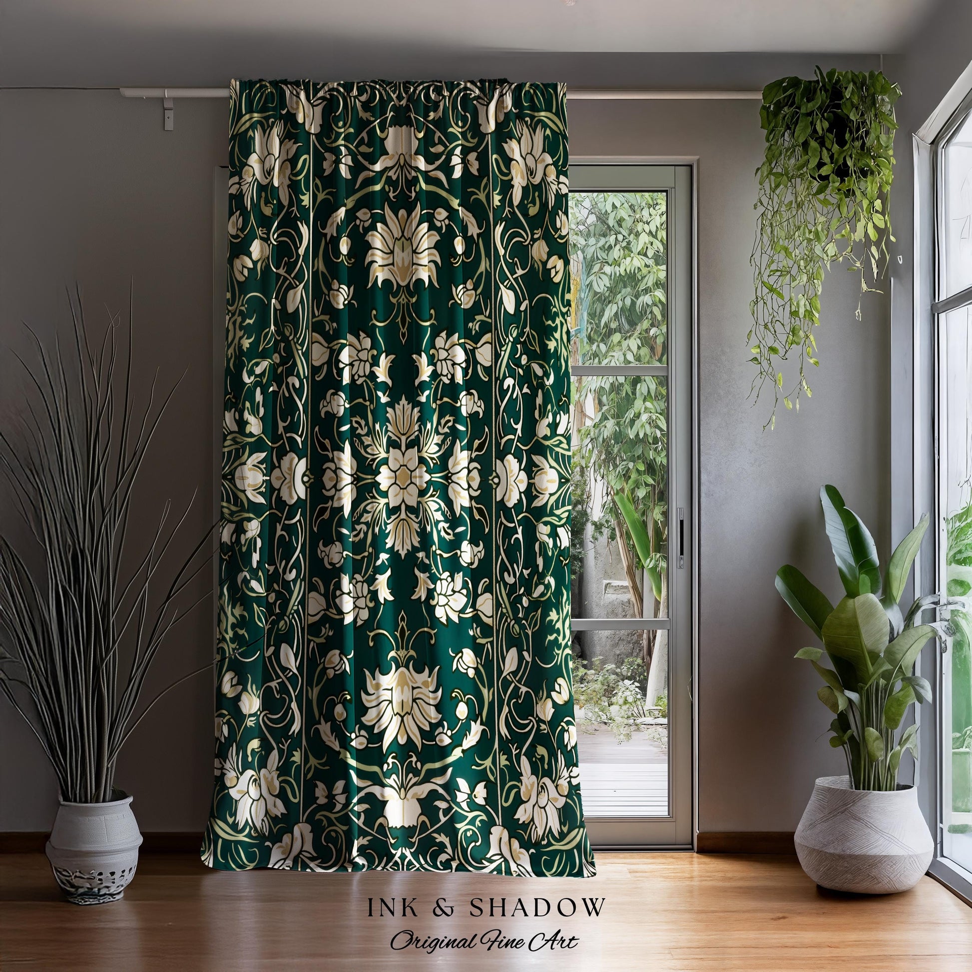 Renaissance Revival Forest Green Curtains | Gothic Art Nouveau Aesthetic Living Room Decor Cottagecore Ornate Maximalist Bedroom Drapes |