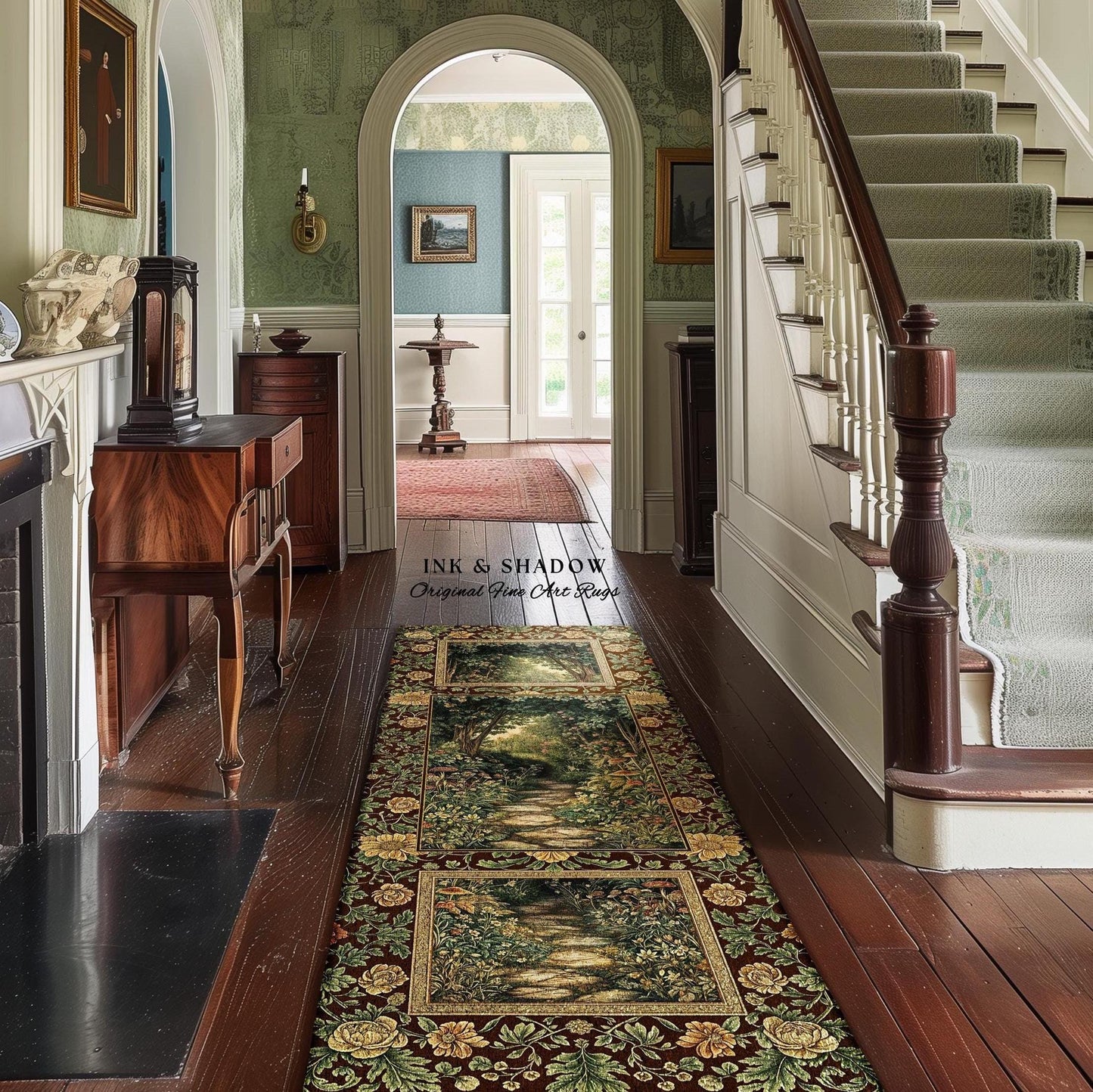 Fairy Ethereal Forest Entryway Rug | Mystic Dark Academia Folklore Inspired Fairycore Aesthetic Runner Rug Magical Dark Medieval Botanical