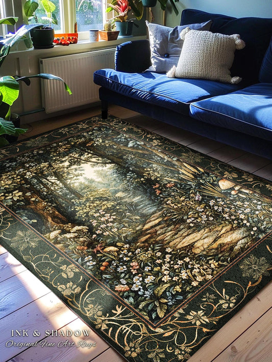 Fairy Meadow Mushroom Forest Rug | Mystic Academia Folklore Inspired Fairycore Aesthetic Accent Rug Magical Bedroom Medieval Home Decor |