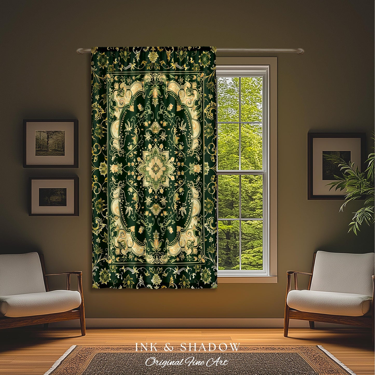 Gothic Baroque Emerald Curtain Panels | Enchanted Cottagecore Aesthetic Romantic Interior Style Soft Gothic Decor Baroque-Inspired Drapes |