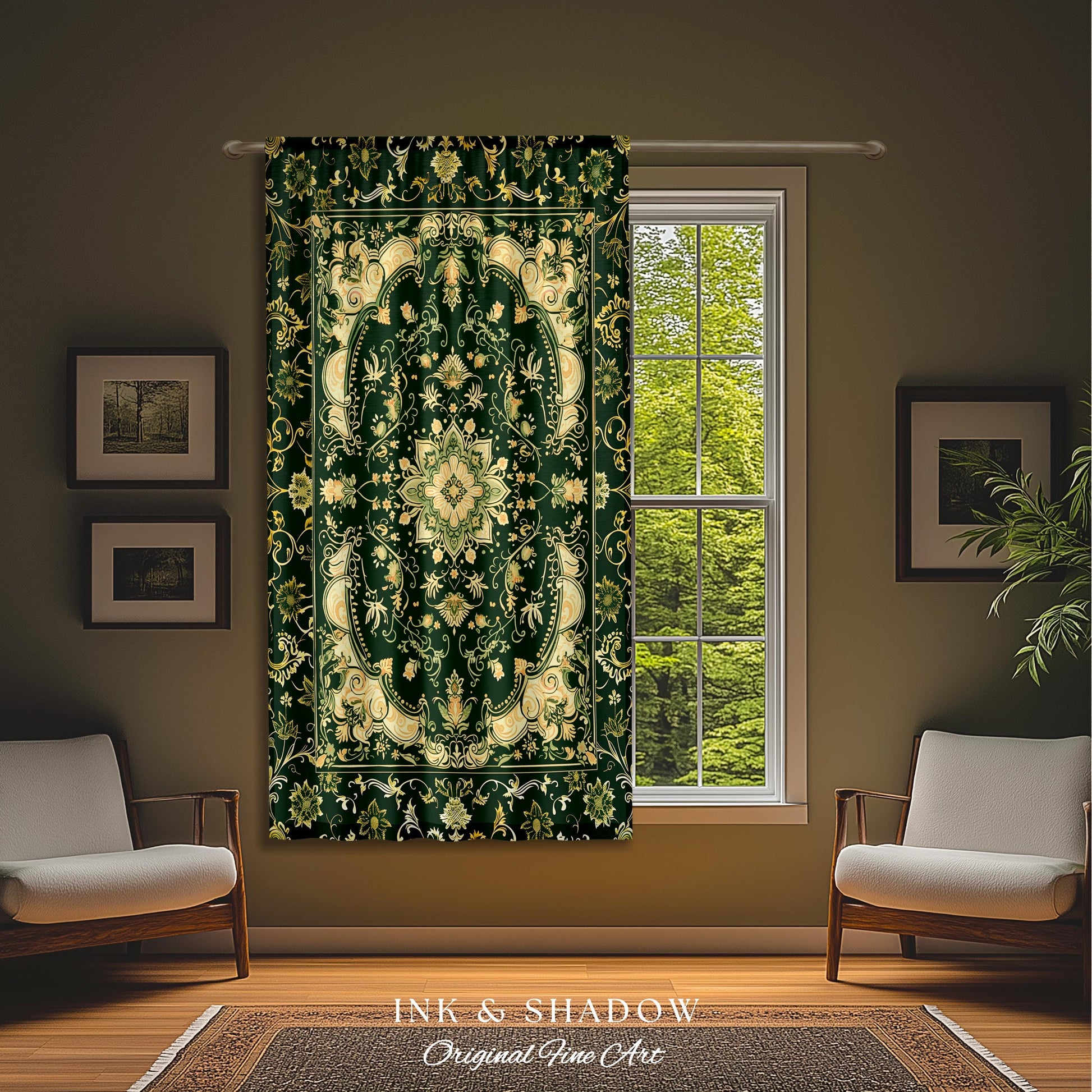 Gothic Baroque Emerald Curtain Panels | Enchanted Cottagecore Aesthetic Romantic Interior Style Soft Gothic Decor Baroque-Inspired Drapes |