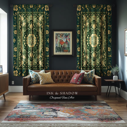 Rococo Revival Emerald Green Curtains | Rustic Maximalist Dark Academia Vintage Window Drapes Victorian Gothic Aesthetic Unique Decorative