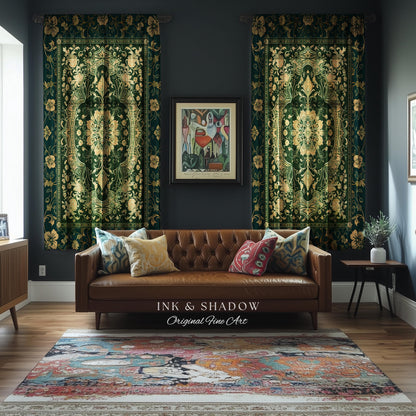 Rococo Revival Emerald Green Curtains | Rustic Maximalist Dark Academia Vintage Window Drapes Victorian Gothic Aesthetic Unique Decorative