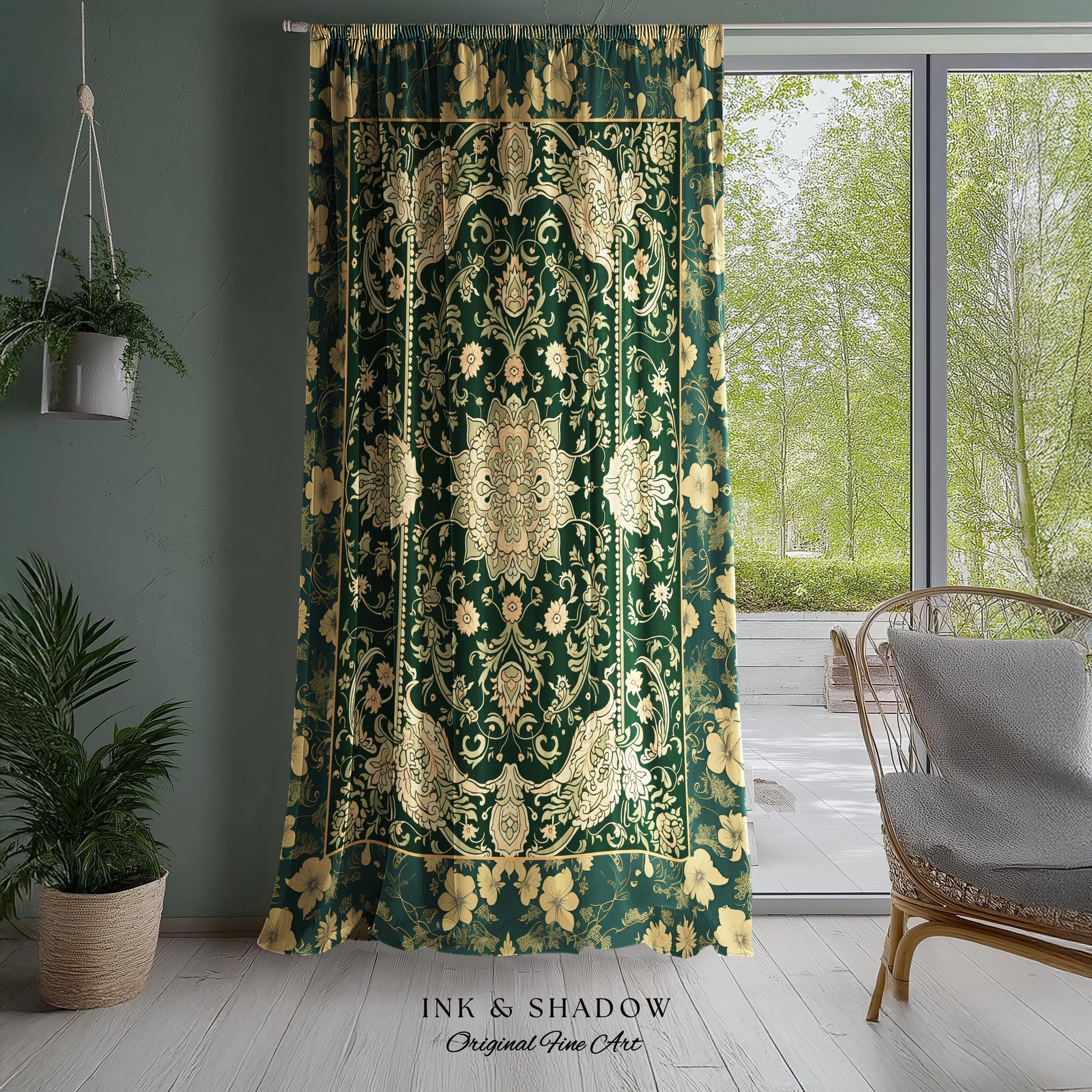 Antique-Inspired Bedroom Drapes | Gold and Emerald Accent Curtains Historical Aesthetic Enchanted Home Housewarming Gift Victorian Ornate |