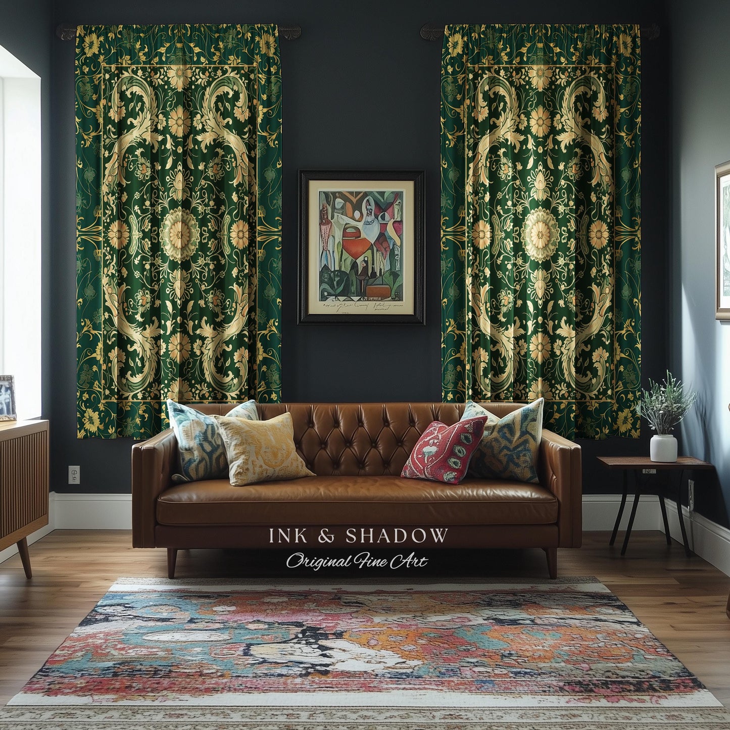 Whimsical Gothic Emerald Curtain | Dark Olive Panel Ethereal Room Accent Neo-Romantic Aesthetic Classical Baroque Revival Green Drape Set