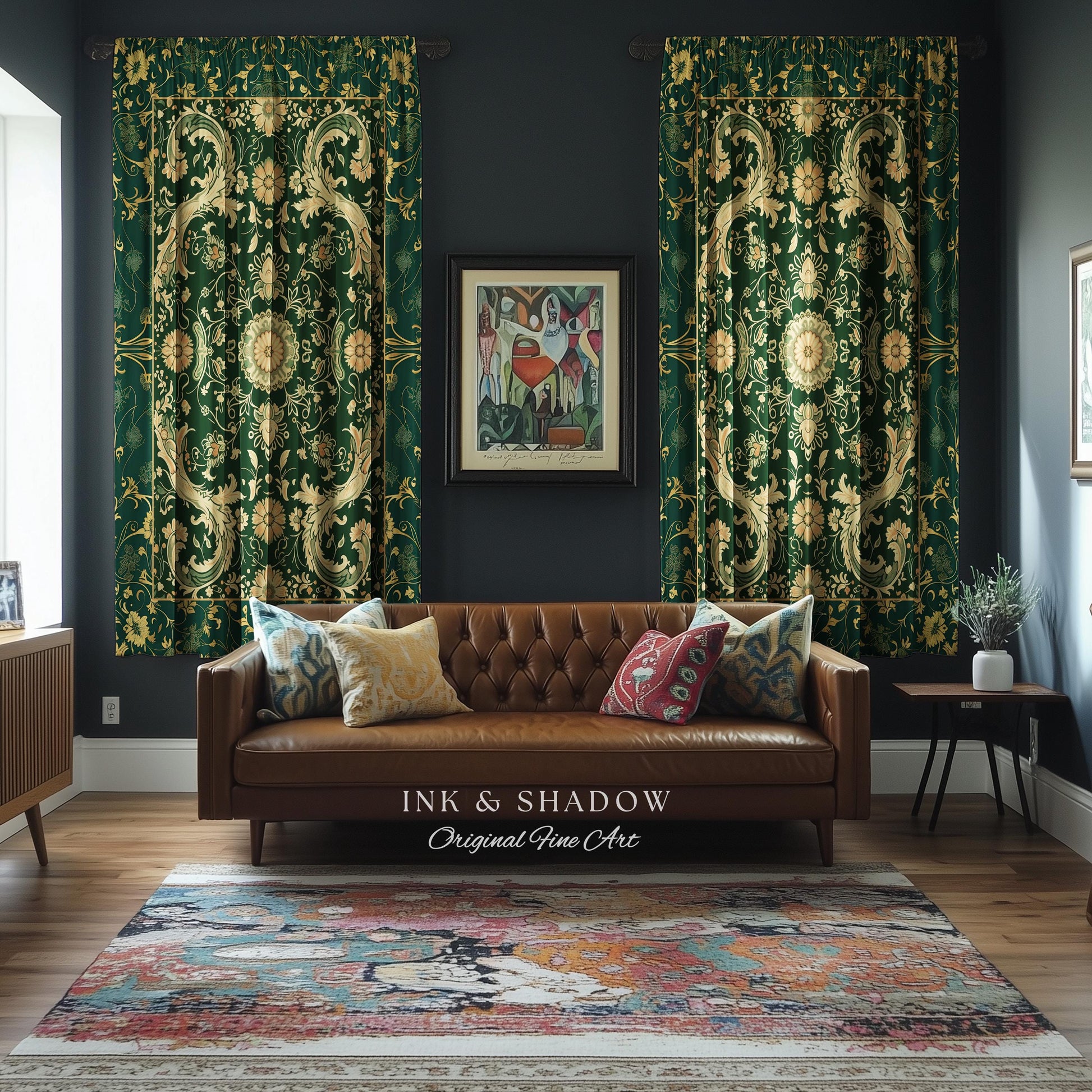 Whimsical Gothic Emerald Curtain | Dark Olive Panel Ethereal Room Accent Neo-Romantic Aesthetic Classical Baroque Revival Green Drape Set