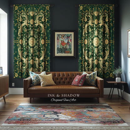 Whimsical Gothic Emerald Curtain | Dark Olive Panel Ethereal Room Accent Neo-Romantic Aesthetic Classical Baroque Revival Green Drape Set